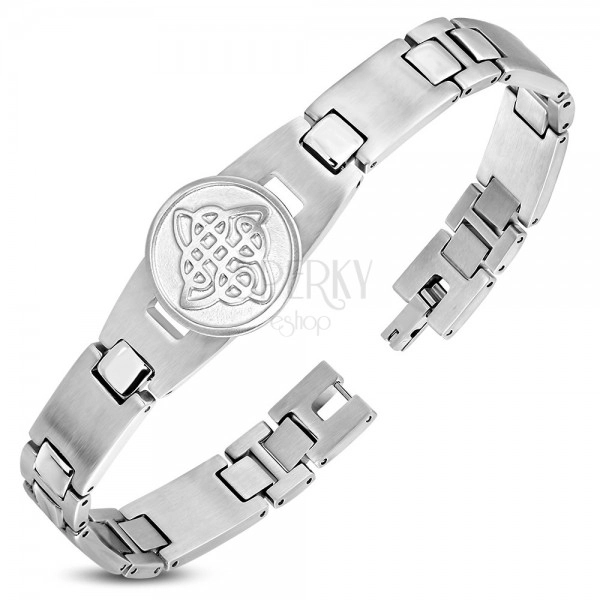 Stainless steel bracelet, shiny and matte links, circle with Celtic knot