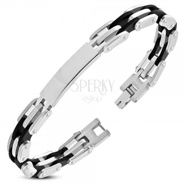 Steel-rubber bracelet in silver and black colour, shiny plate