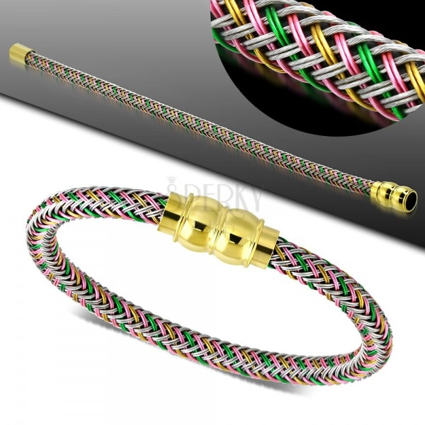 Bracelet with coloured plaited pattern, golden magnetic clasp