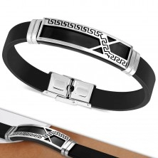 Black rubber bracelet, plate with asymmetrical line and Greek key motif