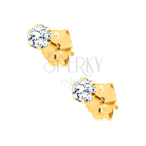 14K yellow gold stud earrings - circular clear zircon, 3 mm