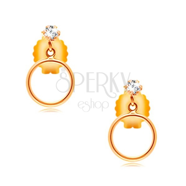 14K yellow gold earrings - clear circular zircon and thin loop