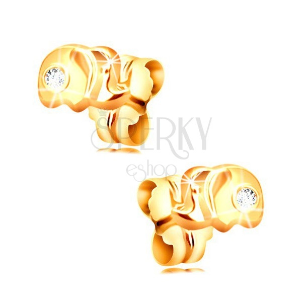 14K gold stud earrings - small elephant with a clear zircon