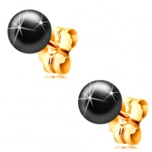14K yellow gold earrings - dark-grey haematit ball, 6 mm