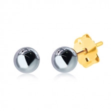 14K yellow gold earrings - dark-grey haematit ball, 4 mm