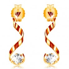 14K yellow gold earrings - shiny curved line, clear zircon