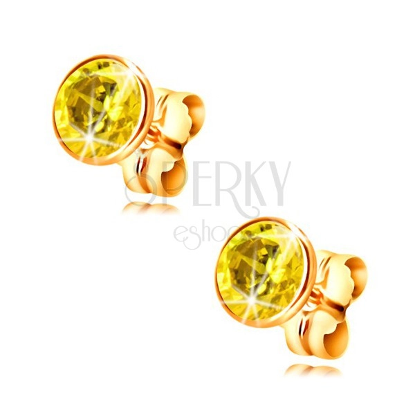 14K yellow gold earrings - yellow circular zircon in a mount, 5 mm