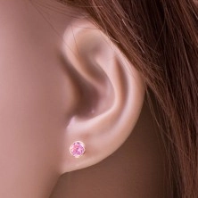 585 gold stud earrings - light-pink circular zircon in a mount, 5 mm