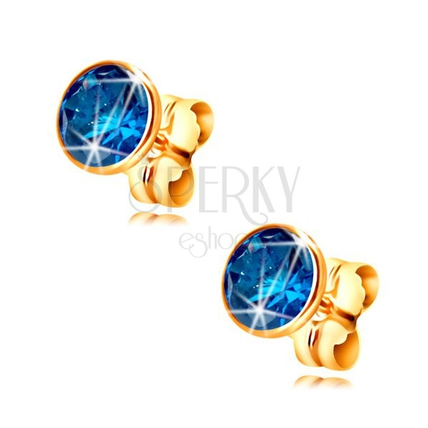 585 gold stud earrings - dark-blue circular zircon in a mount, 5 mm