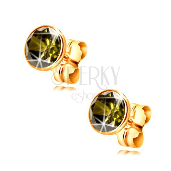 14K yellow gold earrings - olive circular zircon in a mount, 5 mm