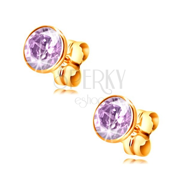 585 yellow gold earrings - light-purple circular zircon in a mount, 5 mm