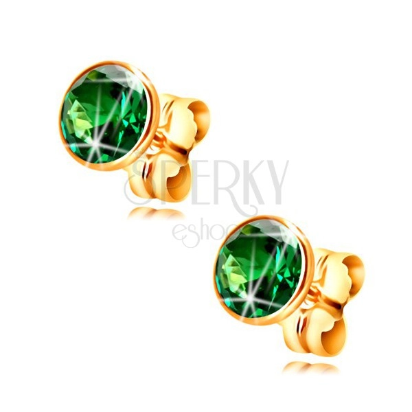 585 gold stud earrings - emerald green circular zircon in a mount, 5 mm