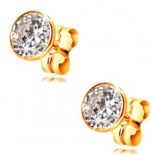 585 yellow gold earrings - clear circular zircon in a mount, 5 mm