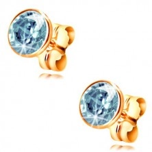 14K yellow gold earrings - blue circular zircon in a mount, 5 mm