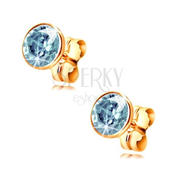 14K yellow gold earrings - blue circular zircon in a mount, 5 mm