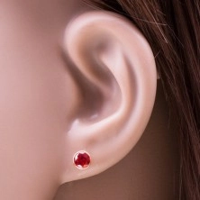 14K yellow gold earrings - red circular zircon in a mount, 5 mm