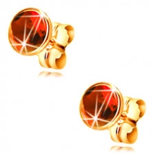14K yellow gold earrings - red circular zircon in a mount, 5 mm