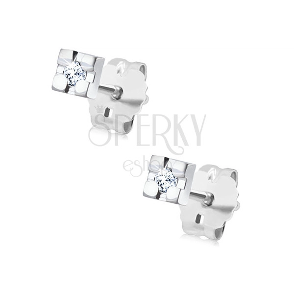 14K white gold earrings - square with a clear circular diamond