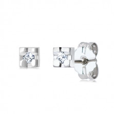 14K white gold earrings - square with a clear circular diamond