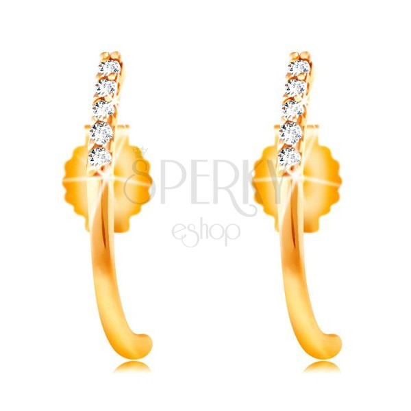 14K yellow gold earrings - shiny curved line decorated with clear zircons