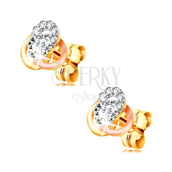 14K gold earrings - three-coloured hoop knot, circular clear zircons 