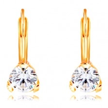 14K yellow gold earrings - triangular mount with a clear circular zircon, 5 mm