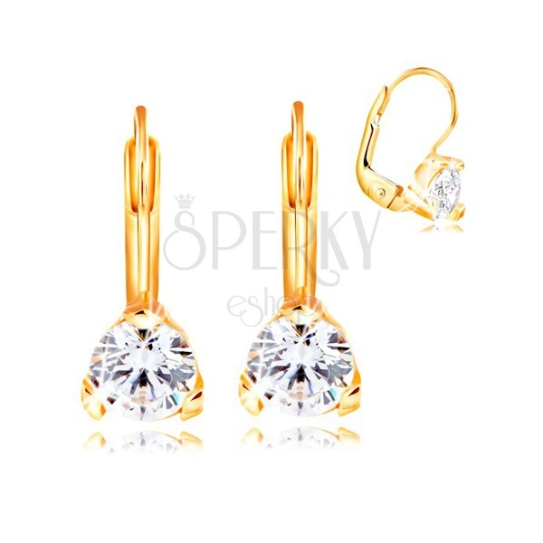 14K yellow gold earrings - triangular mount with a clear circular zircon, 5 mm