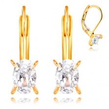 585 yellow gold earrings - four arched prongs, clear oval zircon, 6 mm