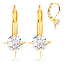 585 gold earrings - mount with four prongs and circular clear zircon, 5 mm