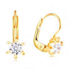 14K yellow gold earrings - flower with protruding petals and clear zircon, 4 mm