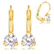 14K yellow gold earrings - triangular mount with clear circular zircon, 4,5 mm