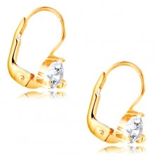14K yellow gold earrings - triangular mount with clear circular zircon, 4,5 mm