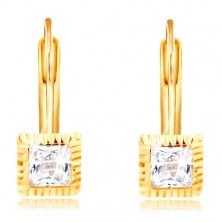 14K gold earrings - square mount with indents, clear cut zircon, 3 mm