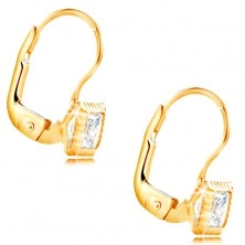 14K gold earrings - square mount with indents, clear cut zircon, 3 mm