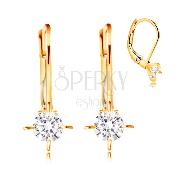 585 yellow gold earrings - clear circular zircon with four prongs, 3,5 mm