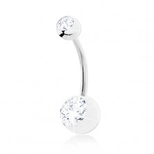Stainless steel bellybutton piercing with two balls and clear zircons, silver colour