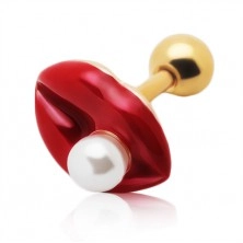Stainless steel tragus piercing in golden colour, red lips with a white ball