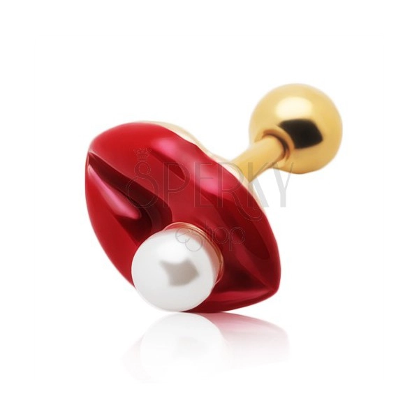 Stainless steel tragus piercing in golden colour, red lips with a white ball