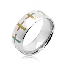 Stainless steel silver wedding band, coloured crosses around the perimeter, 6 mm