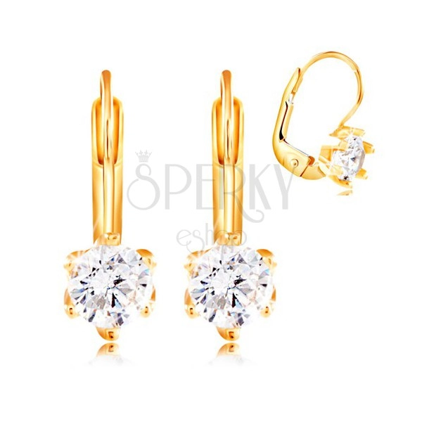 14K yellow gold earrings - round clear zircon in mount with six prongs, 4,5 mm
