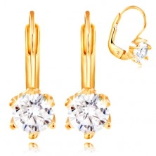 14K yellow gold earrings - round clear zircon in mount with six prongs, 5,5 mm