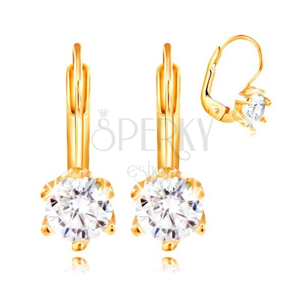 14K yellow gold earrings - round clear zircon in mount with six prongs, 5,5 mm