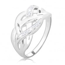 925 silver ring, entwined smooth and zircon lines, high shine