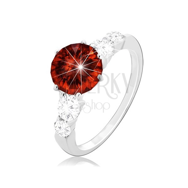 925 silver ring, circular red zircon and clear zircons on shoulders