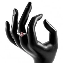 925 silver ring, circular red zircon and clear zircons on shoulders