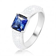 925 silver ring, blue zircon square, protruding sparkly shoulders