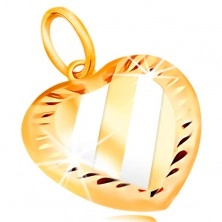 14K gold pendant - heart with diagonal stripes of white gold, indents around the perimeter