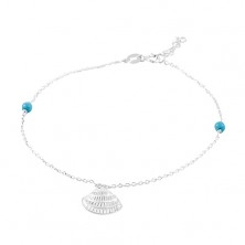 925 silver anklet, pendant - engraved clam, blue balls