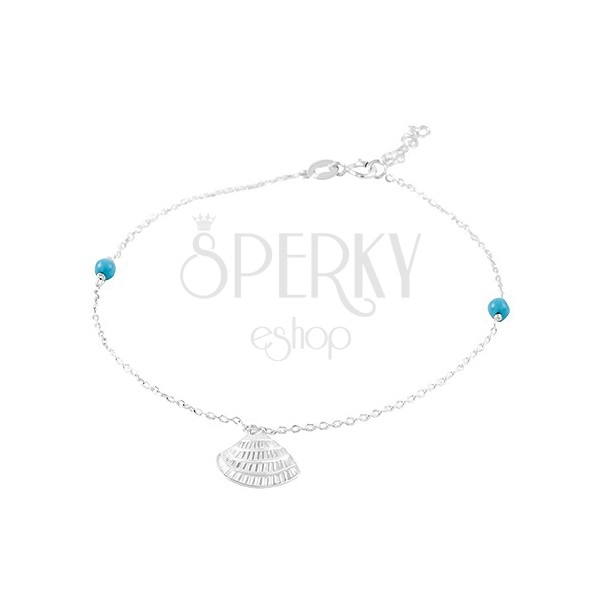 925 silver anklet, pendant - engraved clam, blue balls