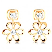 14K yellow gold diamond earrings - flower with rounded petals, clear brilliants